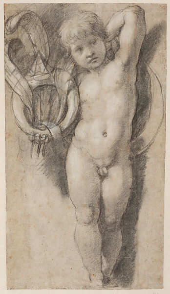 Study of Putto with the Impresa of Pope Leo X de’ Medici, Raphael (Raffaello Sanzio or Santi)  Italian, Black chalk, heightened with white chalk, with later framing lines in black
