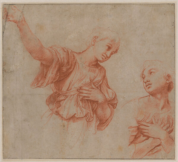 Studies for an Angel and the Virgin, Raphael (Raffaello Sanzio or Santi)  Italian, Red chalk, partly over preliminary stylus underdrawing, on paper