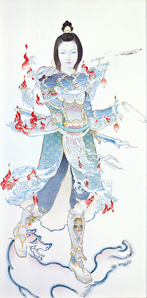 Shitennō (Jikokuten, Zochoten, Tamonten, Komokuten), Akira Yamaguchi (Japanese, born Tokyo, 1969), Oil, watercolor, and ink on canvas, mounted on wood panel; installed on standing wooden frames