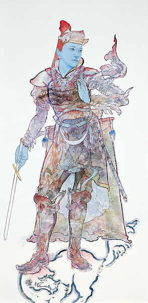 Shitennō (Jikokuten, Zochoten, Tamonten, Komokuten), Akira Yamaguchi (Japanese, born Tokyo, 1969), Oil, watercolor, and ink on canvas, mounted on wood panel; installed on standing wooden frames 