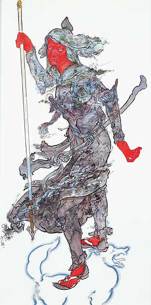 Shitennō (Jikokuten, Zochoten, Tamonten, Komokuten), Akira Yamaguchi (Japanese, born Tokyo, 1969), Oil, watercolor, and ink on canvas, mounted on wood panel; installed on standing wooden frames