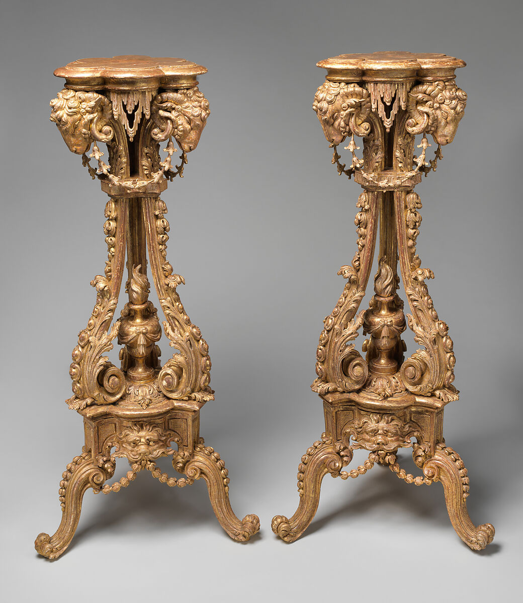 Pair of tripod candlestands or torchères, Thomas Chippendale (British, baptised Otley, West Yorkshire 1718–1779 London)  , after a manuscript design, Carved and gilded wood (pine?), British