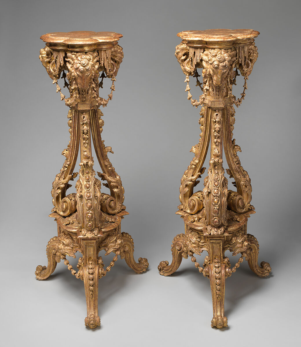 Pair of tripod candlestands or torchères, Thomas Chippendale (British, baptised Otley, West Yorkshire 1718–1779 London)  , after a manuscript design, Carved and gilded wood (pine?), British