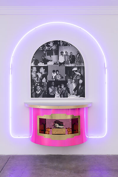 Photo Bar, Sadie Barnette  American, Inkjet print with rhinestones in arched frame, neon, plywood, holographic vinyl upholstery, glitter, plexiglass, glass crystals, 8-track player, and vintage headphones