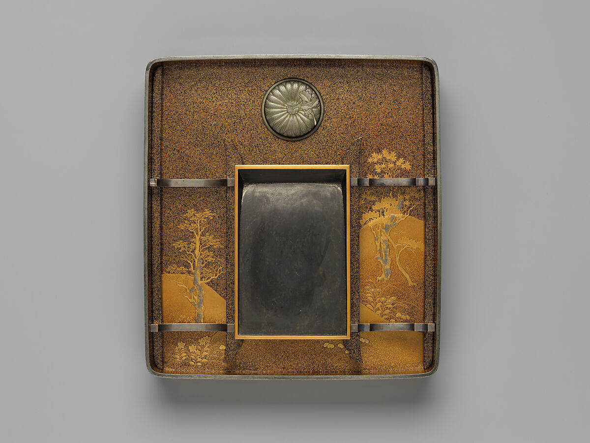 Writing box (suzuribako) with chrysanthemums and mandarin ducks, Igarashi Fujin 五十嵐不尽 (Japanese, second half of 17th–early 18th century), Lacquered wood with gold, silver takamaki-e, hiramaki-e, togidashimaki-e, and cut-out gold and silver foil application, Japan