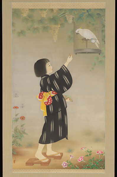 Girl and Parrot (Ōmu to shōjo), Kamiya Kokei (Japanese, 1904–ca. 1943), Hanging scroll; ink, color, and gofun (shell white) on silk, Japan 