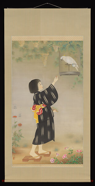 Girl and Parrot (Ōmu to shōjo), Kamiya Kokei (Japanese, 1904–ca. 1943), Hanging scroll; ink, color, and gofun (shell white) on silk, Japan