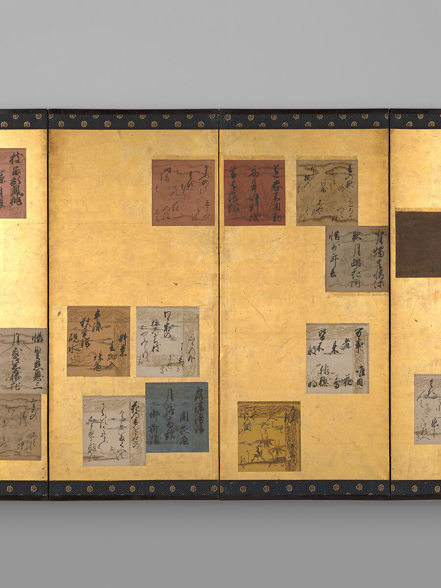 Japanese and Chinese Poems of the Four Seasons, Attributed to Konoe Sakihisa (Japanese, 1536–1612), Pair of six-panel folding screens; ink, color, and metallic pigments on decorated-paper shikishi (poetry cards) on gold leaf, Japan