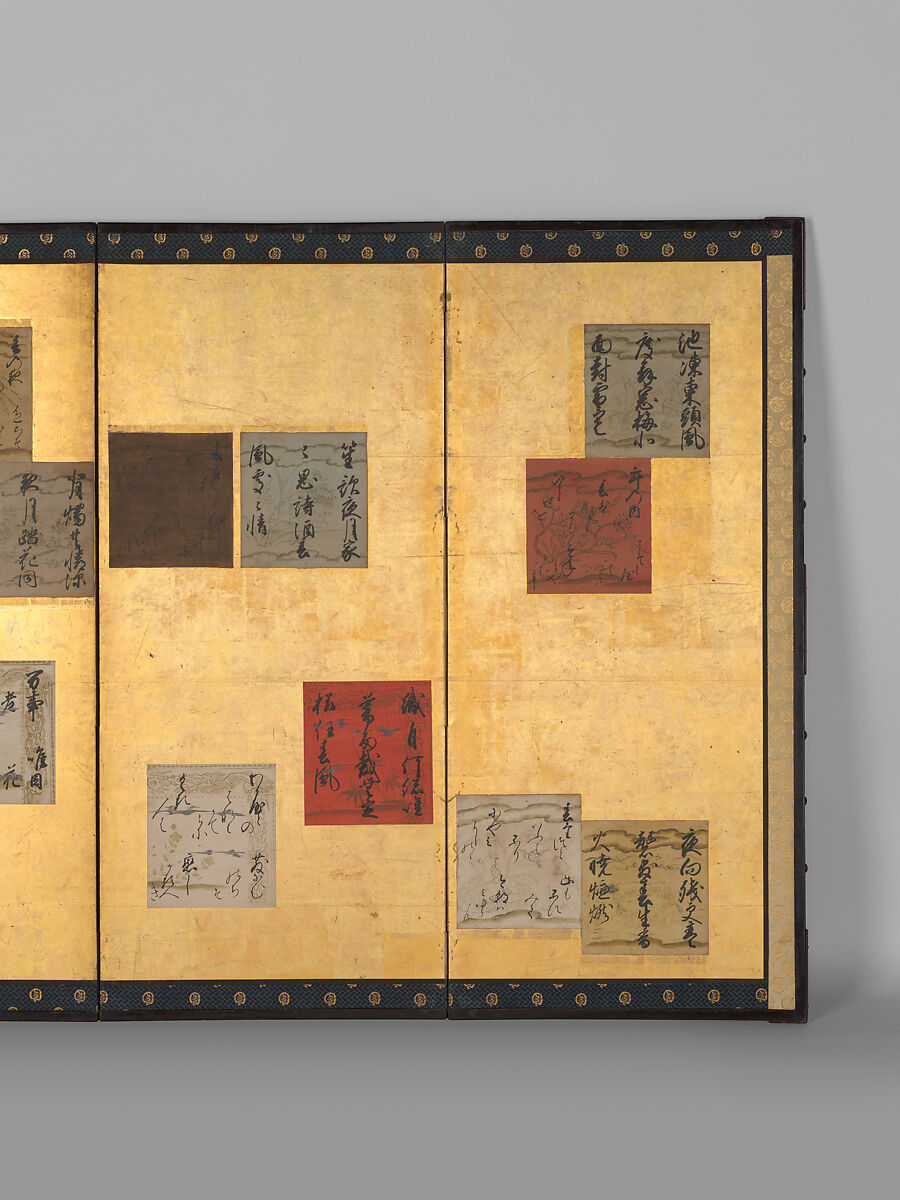 Japanese and Chinese Poems of the Four Seasons, Attributed to Konoe Sakihisa (Japanese, 1536–1612), Pair of six-panel folding screens; ink, color, and metallic pigments on decorated-paper shikishi (poetry cards) on gold leaf, Japan