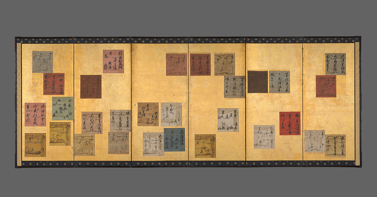 Japanese and Chinese Poems of the Four Seasons, Attributed to Konoe Sakihisa (Japanese, 1536–1612), Pair of six-panel folding screens; ink, color, and metallic pigments on decorated-paper shikishi (poetry cards) on gold leaf, Japan