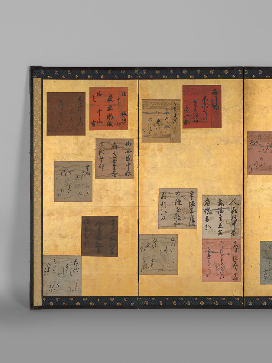 Japanese and Chinese Poems of the Four Seasons, Attributed to Konoe Sakihisa (Japanese, 1536–1612), Pair of six-panel folding screens; ink, color, and metallic pigments on decorated-paper shikishi (poetry cards) on gold leaf, Japan
