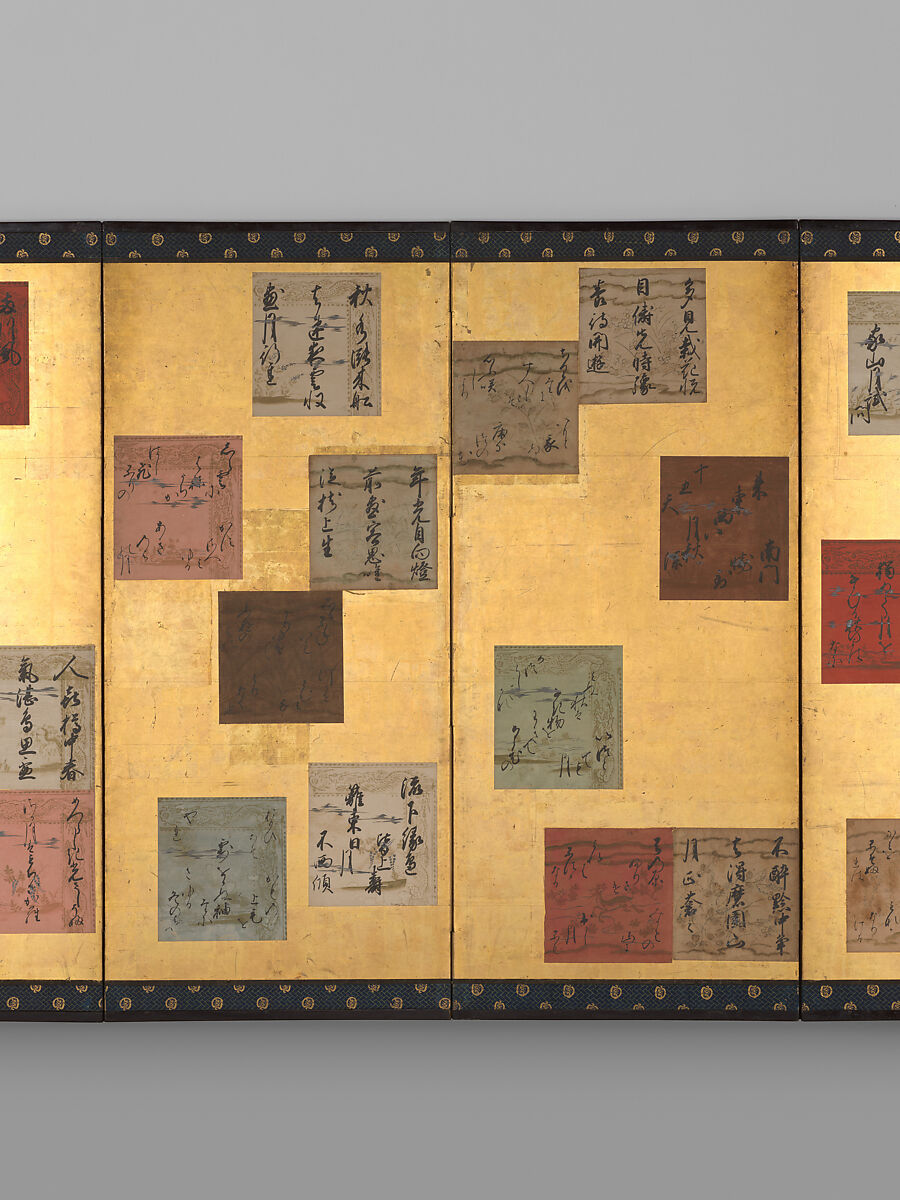 Japanese and Chinese Poems of the Four Seasons, Attributed to Konoe Sakihisa (Japanese, 1536–1612), Pair of six-panel folding screens; ink, color, and metallic pigments on decorated-paper shikishi (poetry cards) on gold leaf, Japan
