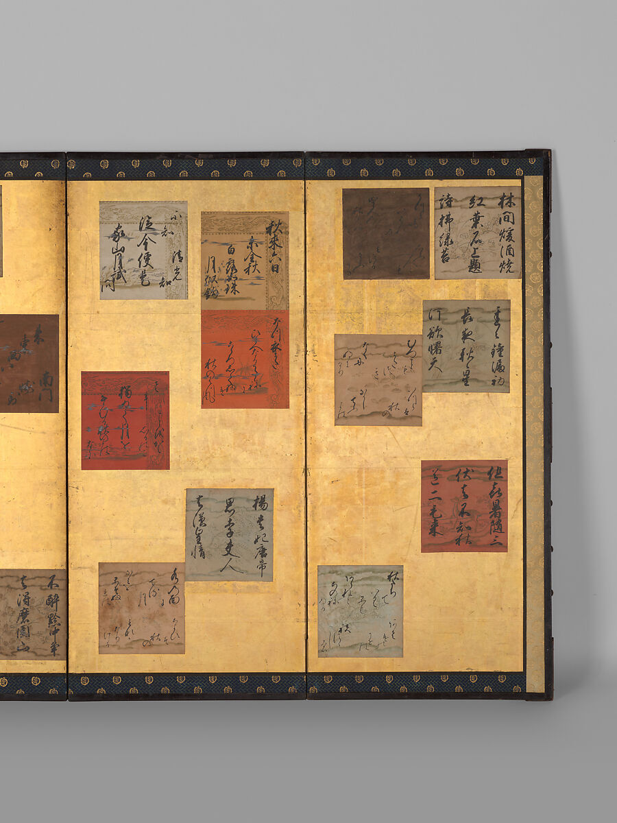 Japanese and Chinese Poems of the Four Seasons, Attributed to Konoe Sakihisa (Japanese, 1536–1612), Pair of six-panel folding screens; ink, color, and metallic pigments on decorated-paper shikishi (poetry cards) on gold leaf, Japan
