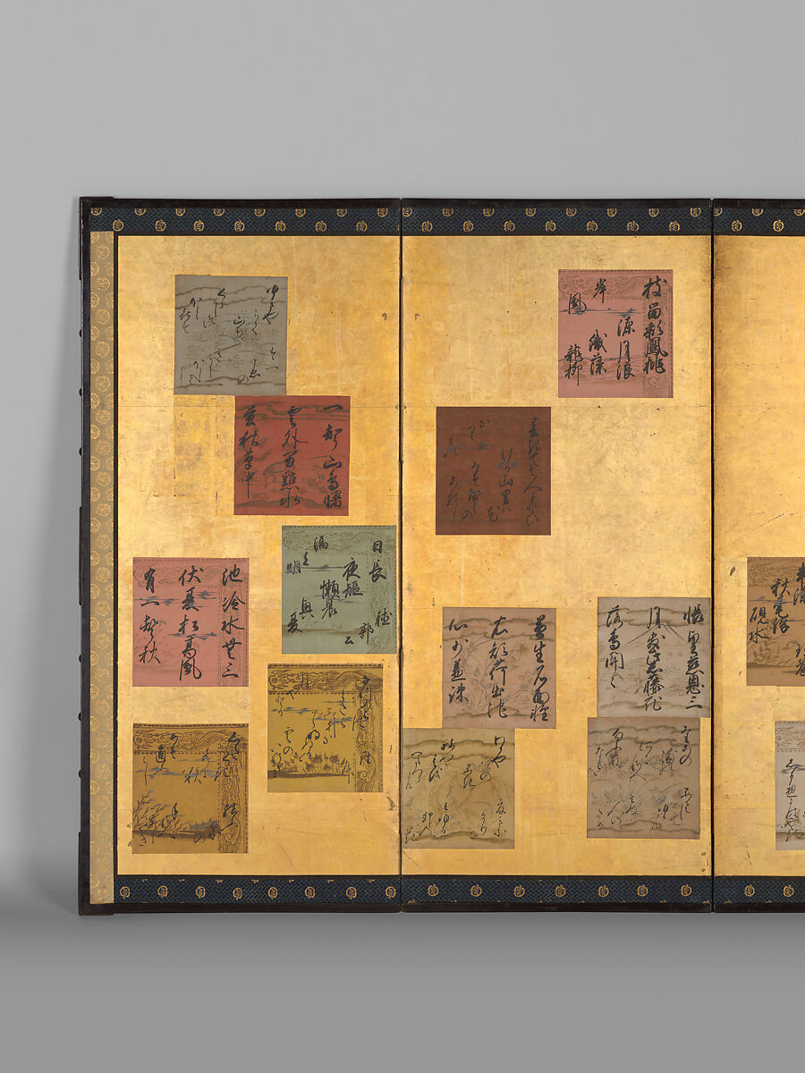 Japanese and Chinese Poems of the Four Seasons, Attributed to Konoe Sakihisa (Japanese, 1536–1612), Pair of six-panel folding screens; ink, color, and metallic pigments on decorated-paper shikishi (poetry cards) on gold leaf, Japan