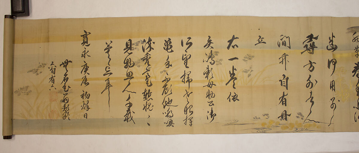 Three Poems from Poetry in the Three Styles (Santai shi), Okamoto Hansuke (Mumei) (Japanese, 1575–1657), Handscroll: ink on paper decorated in color, Japan