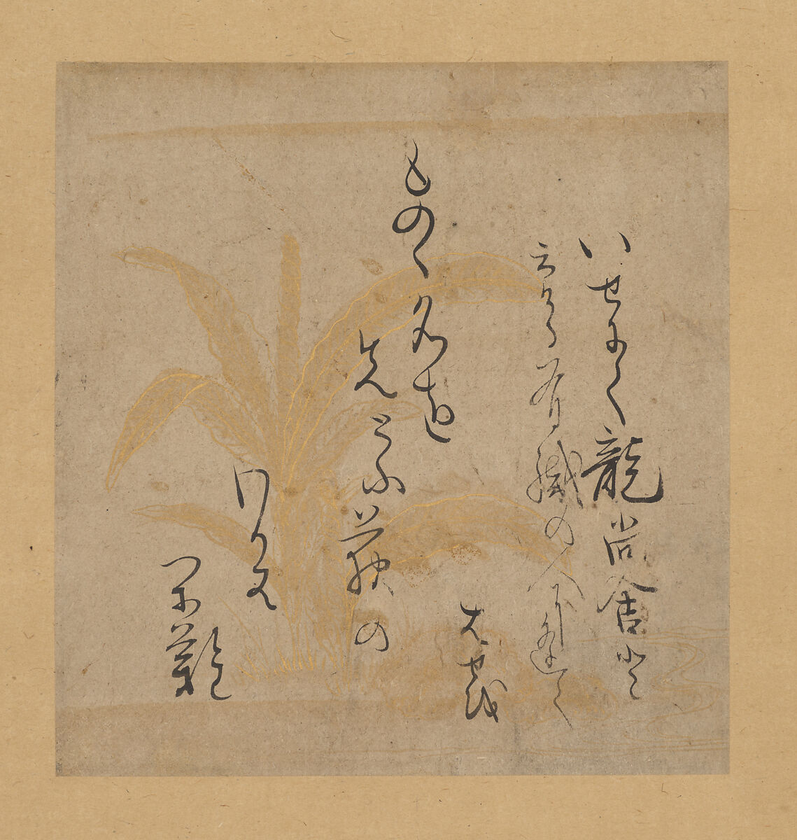 “The names of things” haiku, Matsuo Bashō (Japanese, 1644–1694), Shikishi mounted as hanging scroll: ink on paper decorated with gold, Japan 