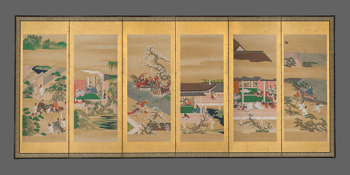 The Tale of Genji, Iwasa school, Pair of six-panel screens: ink and color on paper, Japan