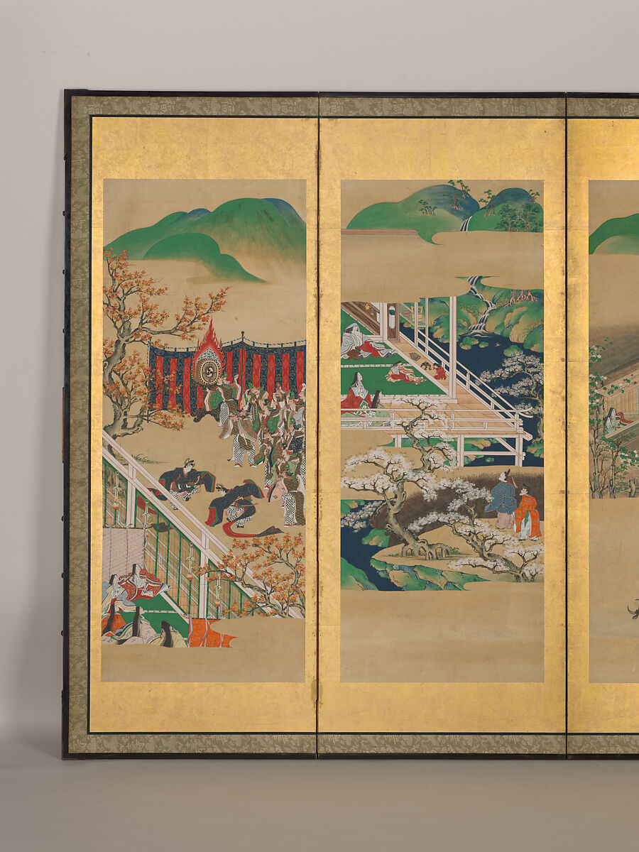 The Tale of Genji, Iwasa school, Pair of six-panel screens: ink and color on paper, Japan