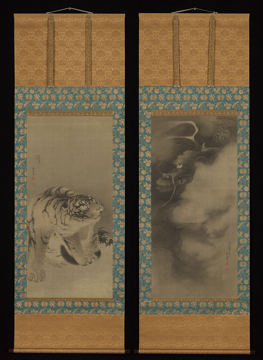 Dragon and Tiger, Maruyama Ōkyo (Japanese, 1733–1795), Pair of hanging scrolls: ink on silk (dragon), ink and color on silk (tiger), Japan