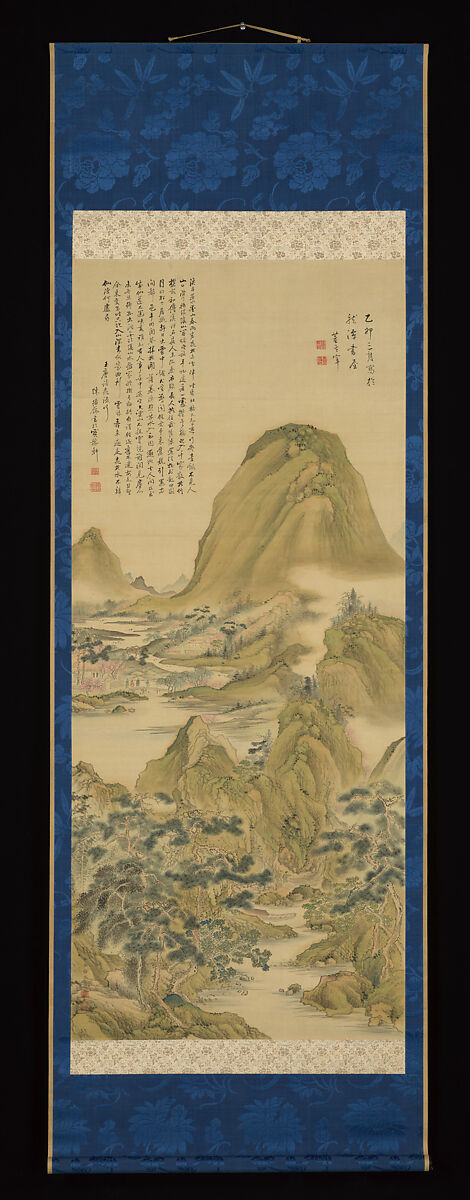 After The Song of Peach Blossom Spring, attributed to Dong Qichang, with an inscription of Wang Wei’s poem attributed to Chen Jiru, Aoki Shukuya (Japanese, 1737–1802), Hanging scroll: ink and color on silk, Japan