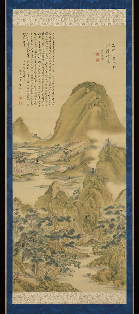 Peach  Blossom Spring 桃源図 (Tōgen zu)  
[after a painting by Dong Qichang 董其昌 (董玄宰1555–1636) dated 1615 with a poem by Wang Wei 王維 (王摩詰 699–759) inscribed by Chen Jiru 陳継儒 (陳眉公1558–1639)], Aoki Shukuya 青木夙夜 (Japanese, 1737–1802), Hanging scroll: ink and color on silk, Japan 