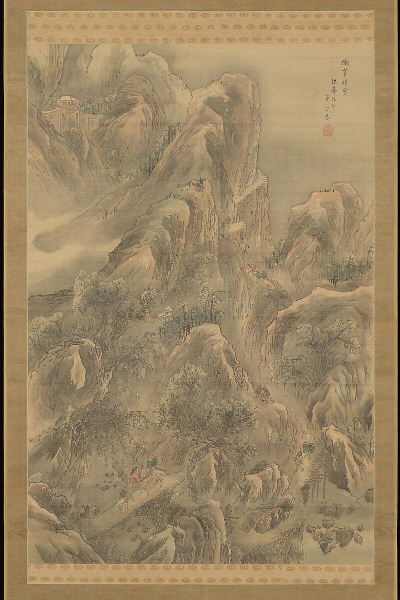 Snowfall on Mt. Emei  峨眉積雪図 (Gabi sekisetsu zu), Yokoi Kinkoku  横井金谷 (Japanese, 1761–1832), Hanging scroll; ink and color on silk, Japan 