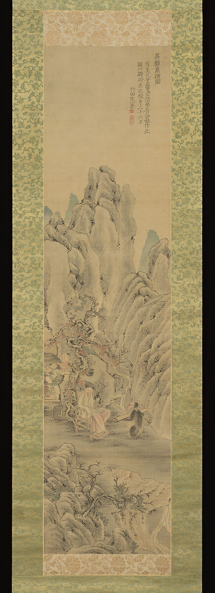 Monkey Offering a Qin to Scholar, Tanomura Chikuden (Japanese, 1777–1835), Hanging scroll; ink and color on silk, Japan 