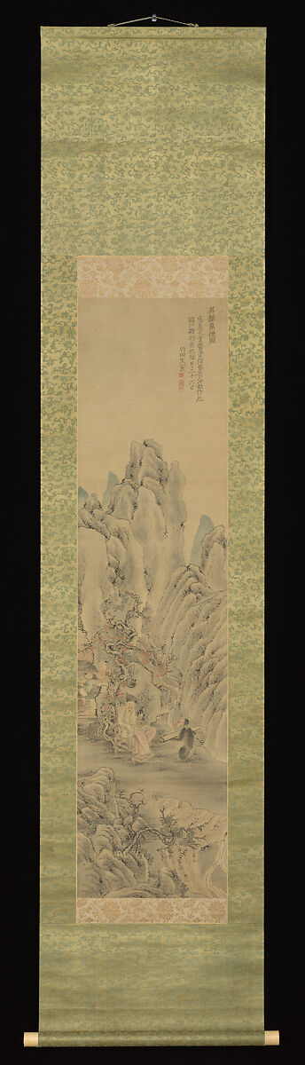 Monkey Offering a Qin to Scholar, Tanomura Chikuden (Japanese, 1777–1835), Hanging scroll; ink and color on silk, Japan