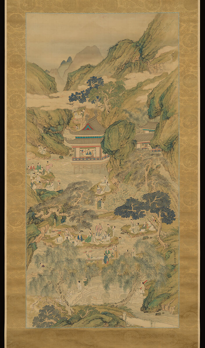 Lanting Gathering in Blue and Green, Tsubaki Kakoku (Japanese, 1825–1850), Hanging scroll; ink and color on silk, Japan 