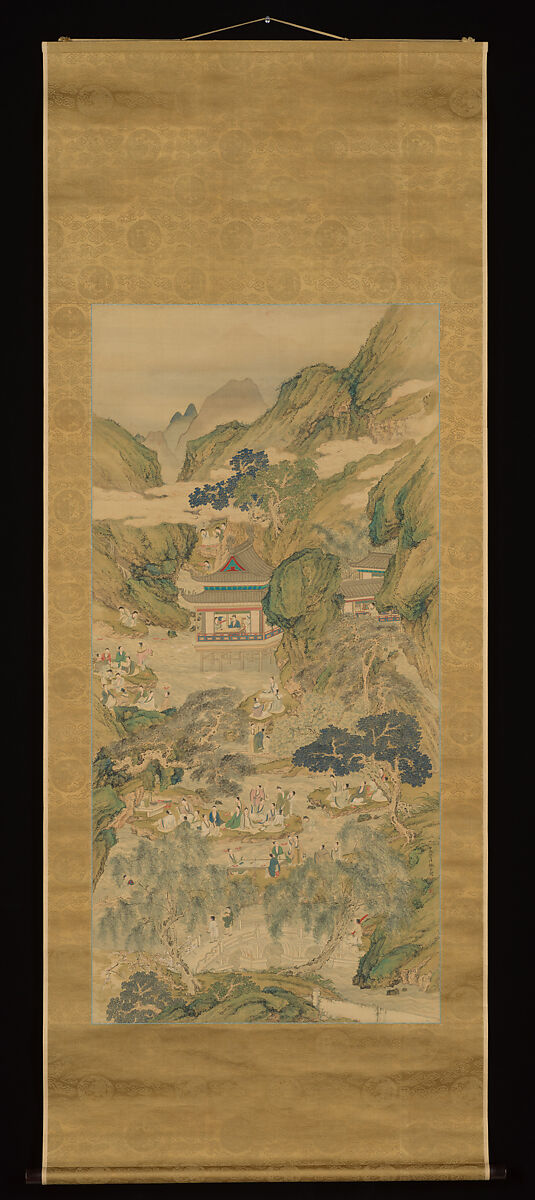 Orchid Pavilion Gathering in Blue and Green, Tsubaki Kakoku (Japanese, 1825–1850), Hanging scroll; ink and color on silk, Japan