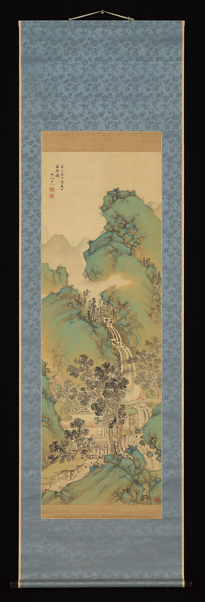 Waterfall in Summer Mountains, Nakabayashi Chikutō (Japanese, 1776–1853), Hanging scroll; ink and color on silk, Japan