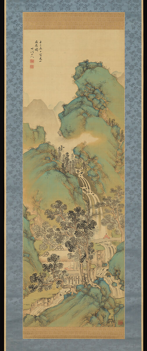 Waterfall in Summer Mountain, Nakabayashi Chikutō (Japanese, 1776–1853), Hanging scroll; ink and color on silk, Japan 