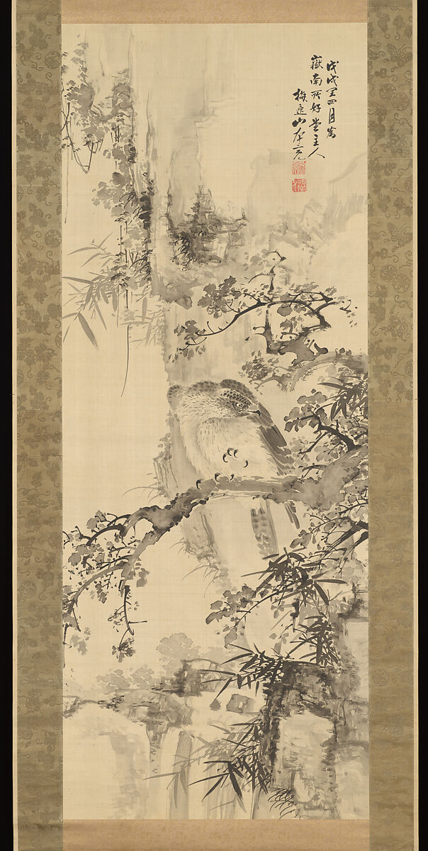 Wild Hawk on a Tree  野鷹棲樹図 (Notaka seiju zu), Yamamoto Baiitsu 山本梅逸 (Japanese, 1783–1856), Hanging scroll; ink on satin, Japan 