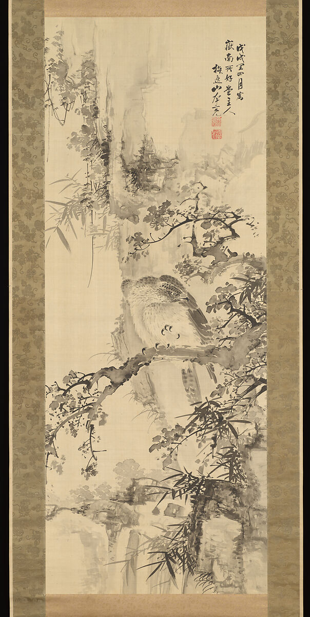 Wild Hawk on a Tree, Yamamoto Baiitsu (Japanese, 1783–1856), Hanging scroll; ink on satin, Japan 