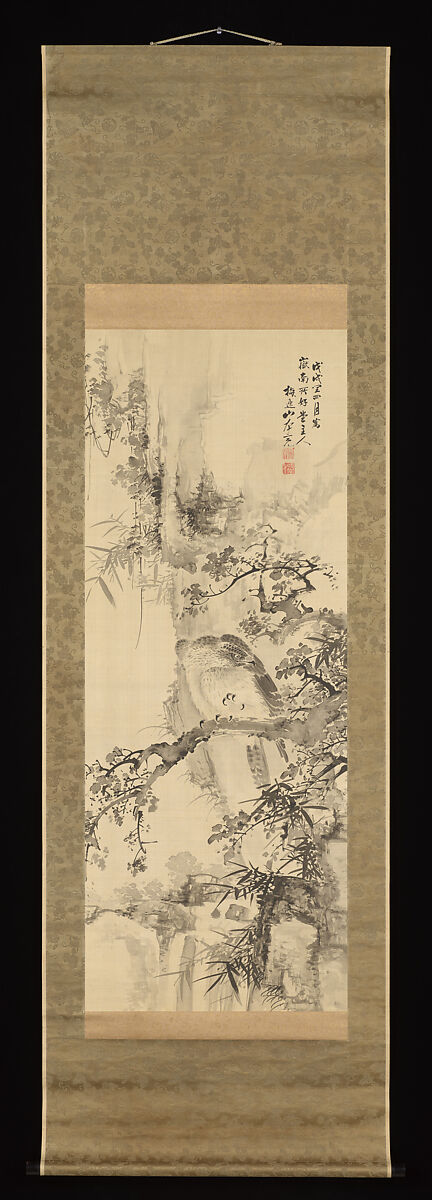 Wild Hawk on a Tree, Yamamoto Baiitsu (Japanese, 1783–1856), Hanging scroll; ink on satin, Japan