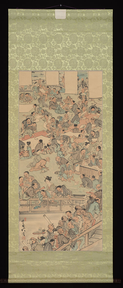 Painting and Calligraphy Gathering at the Nakamurarō in Ryōgoku, Kawanabe Kyōsai (Japanese, 1831–1889), Hanging scroll; ink and color on paper, Japan