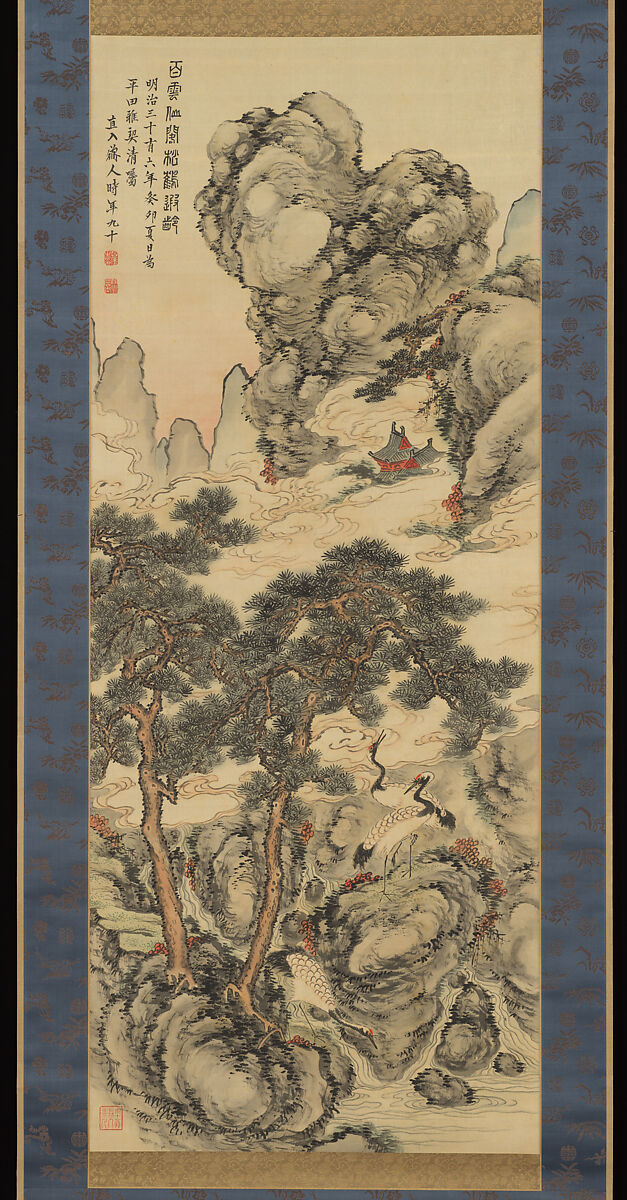 Pines and Cranes of Longevity, Tanomura Chokunyū (Japanese, 1814–1907), Hanging scroll; ink and color on silk, Japan 