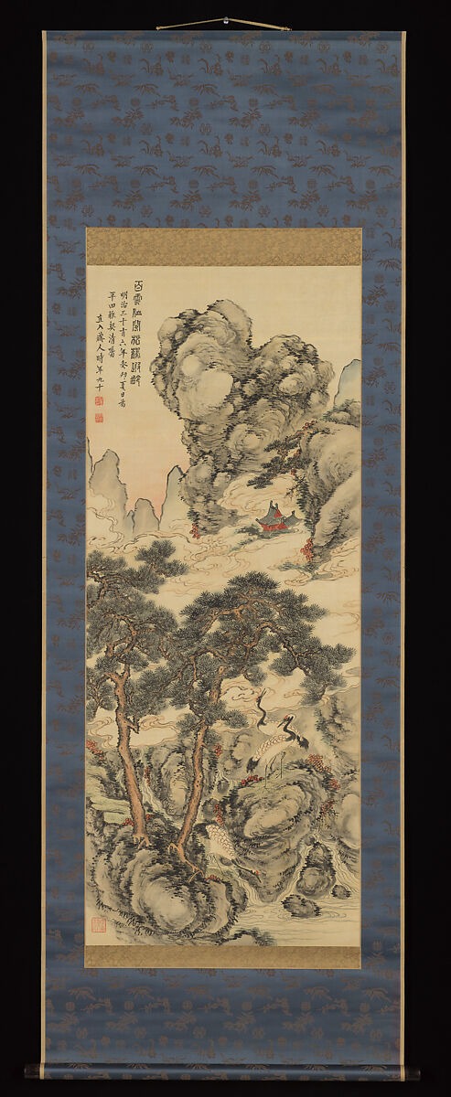 Pines and Cranes of Longevity, Tanomura Chokunyū (Japanese, 1814–1907), Hanging scroll; ink and color on silk, Japan