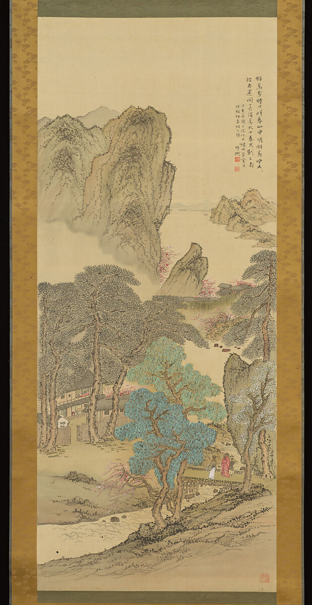 Landscape in Blue and Green, Okuhara Seiko (Japanese, 1837–1913), Hanging scroll; ink and color on silk, Japan 