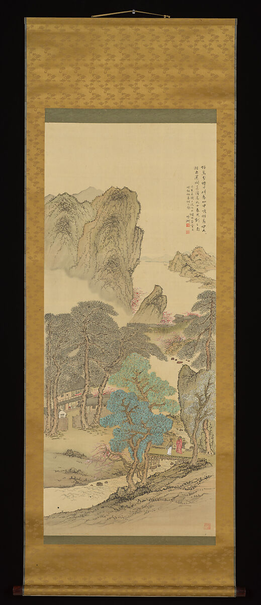Landscape in Blue and Green, Okuhara Seiko (Japanese, 1837–1913), Hanging scroll; ink and color on silk, Japan