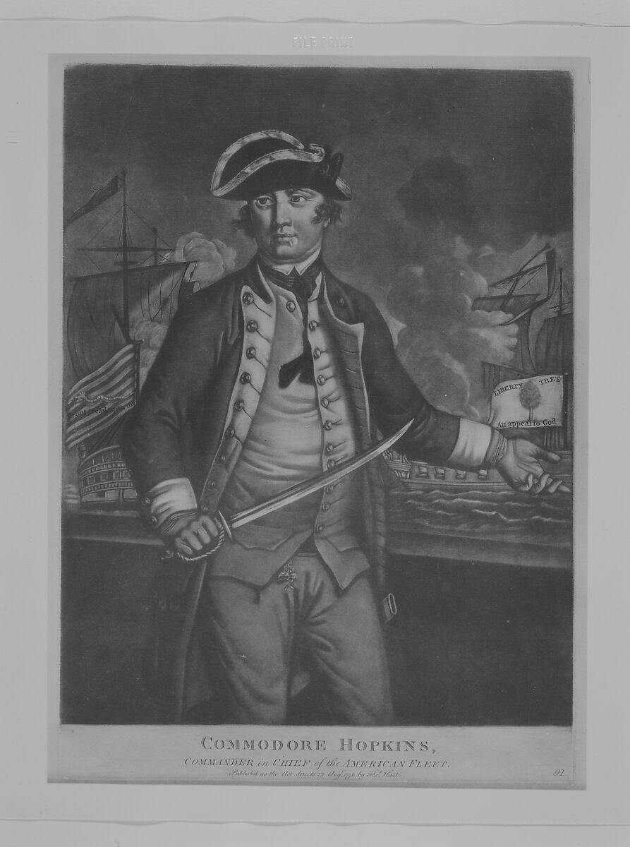 Commodore Hopkins, Commander in Chief of the American Fleet, (?) Anonymous, British, 18th century, Mezzotint 