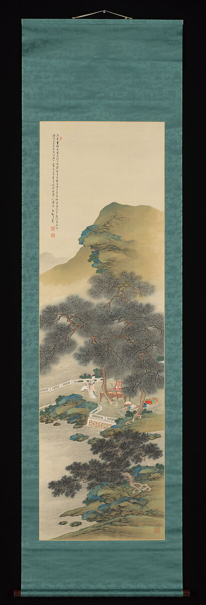 Taming Cranes among the Pines, Tajika Chikuson (Japanese, 1864–1922), Hanging scroll; ink and color on silk, Japan