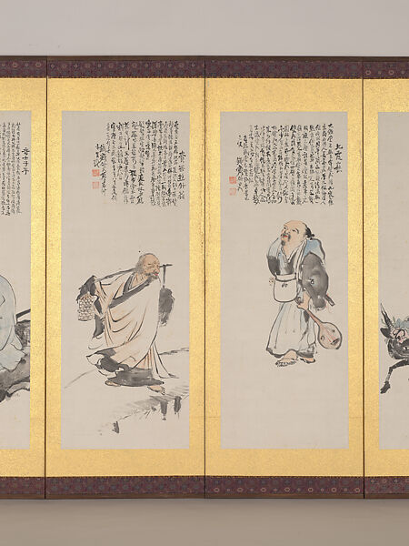 Japanese Historical Figures, Tomioka Tessai (Japanese, 1836–1924), Pair of six-fold screens: ink and color on paper, Japan