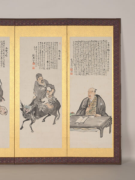 Japanese Historical Figures, Tomioka Tessai (Japanese, 1836–1924), Pair of six-fold screens: ink and color on paper, Japan