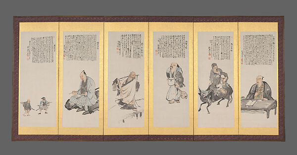 Japanese Historical Figures 日本歴史人物図 (Nihon rekishi jinbutsu zu), Tomioka Tessai 富岡鉄斎 (Japanese, 1836–1924), Pair of six-fold screens: ink and color on paper, Japan 