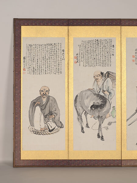 Japanese Historical Figures, Tomioka Tessai (Japanese, 1836–1924), Pair of six-fold screens: ink and color on paper, Japan