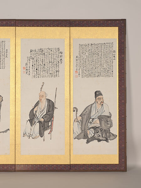 Japanese Historical Figures, Tomioka Tessai (Japanese, 1836–1924), Pair of six-fold screens: ink and color on paper, Japan