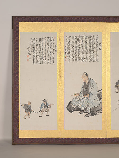 Japanese Historical Figures, Tomioka Tessai (Japanese, 1836–1924), Pair of six-fold screens: ink and color on paper, Japan