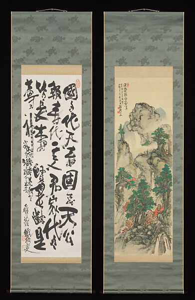 Painting and Calligraphy to Celebrate Longevity 祝壽書画 (Shukuju shoga), (for Mr. Onodera Shūta 小野寺秀太); accomapnied by Tessai’s letter addressed to Onodera Shūta小野寺秀太dated 5.13.1915, mounted into a handscroll, Tomioka Tessai 富岡鉄斎 (Japanese, 1836–1924), Pair of hanging scrolls: ink and color on silk (painting), ink on paper (calligraphy), Japan 