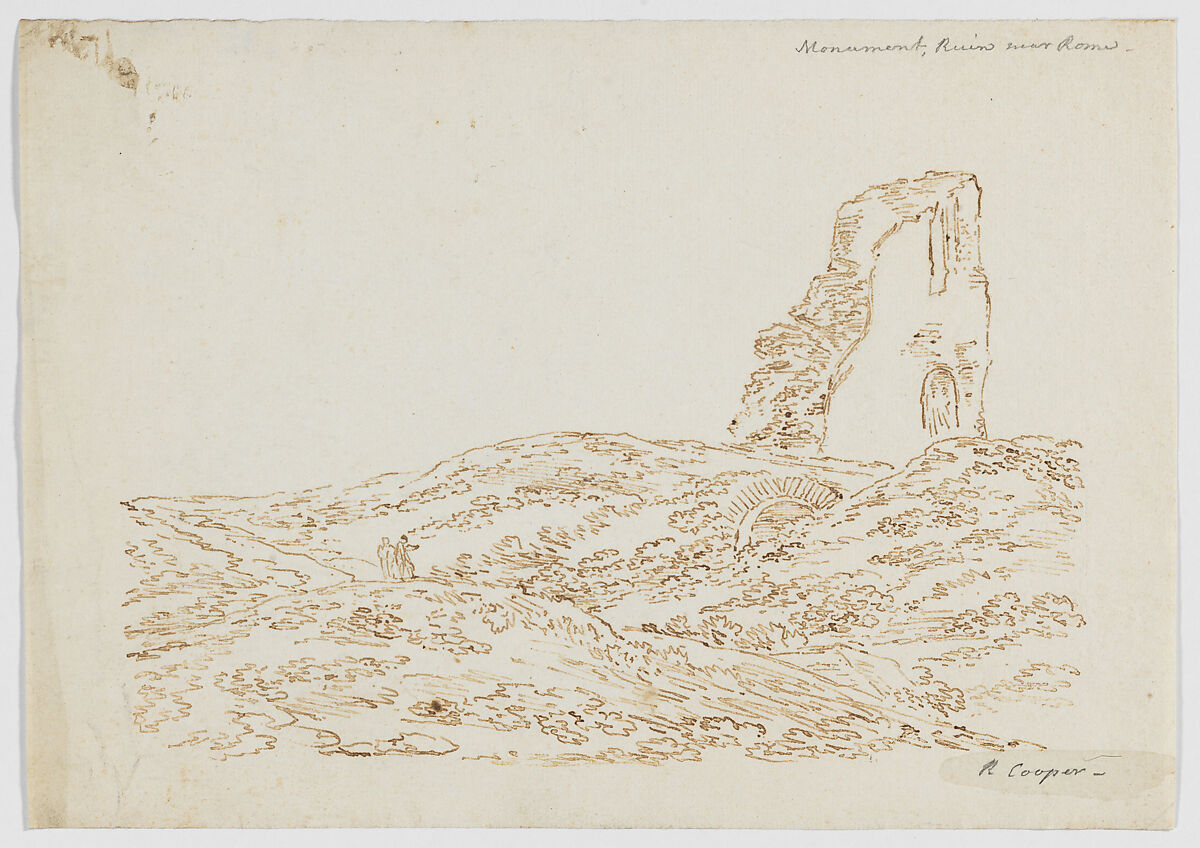 Monument–Ruin, near Rome, Richard Cooper II (British, Edinburgh, Scotland 1740–1822 Eltham, Kent), Counterproof of an iron gall ink drawing, with graphite 